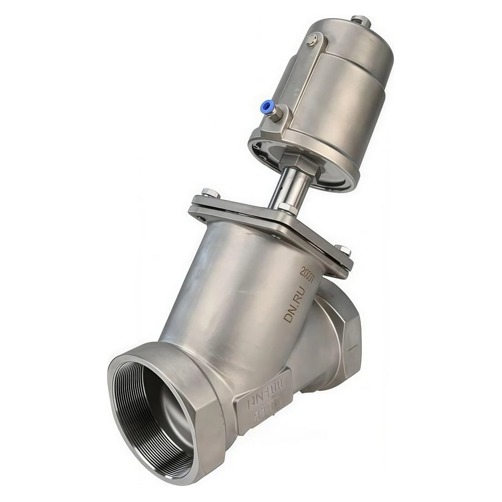 Изображение товара Клапан отсечной пневматический DN.ru 316-304-PT Ду15 Ру25, резьбовой, Y-образный, привод нержавеющая сталь D490-00073