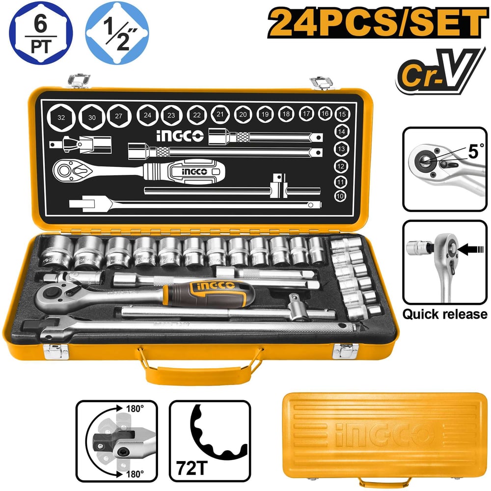 Изображение товара Набор головок INGCO HKTS12242 1/2" 24 шт 6-гранные, кейс