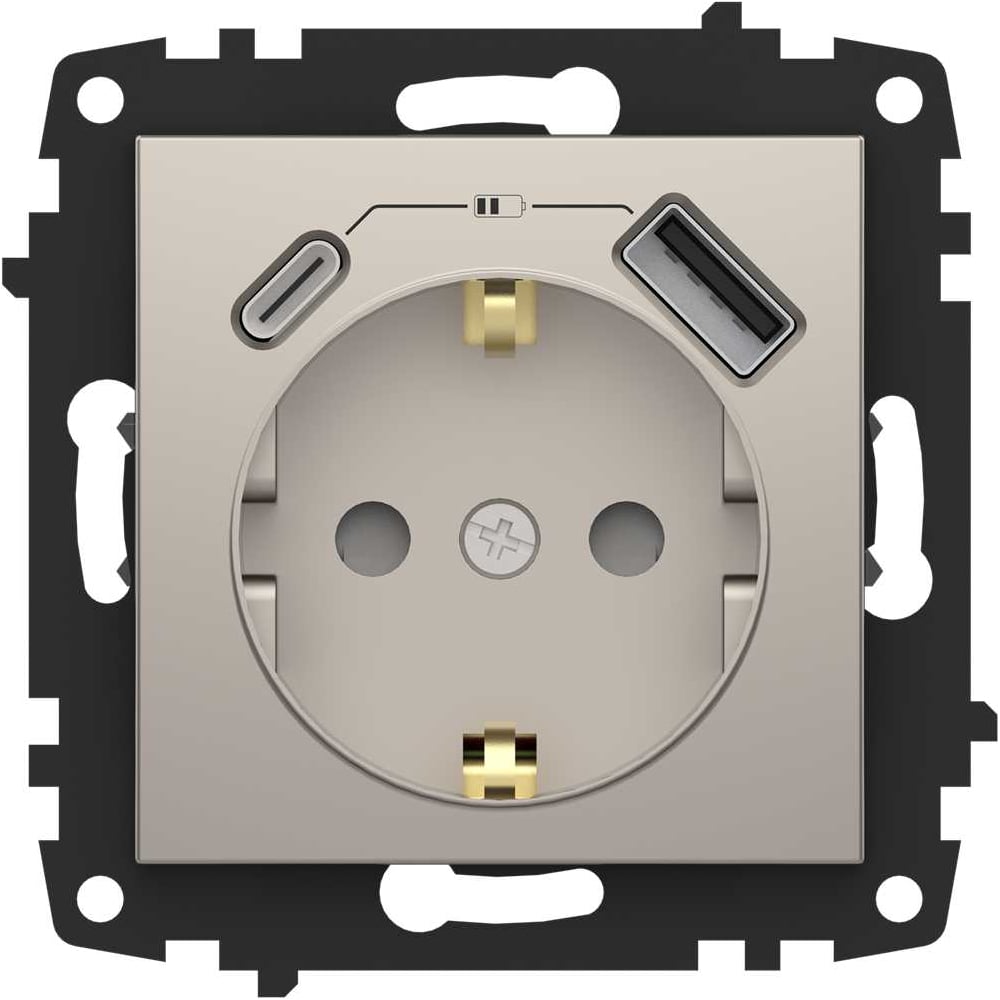 Изображение товара Розетка Type C+USB ELBI Zena Vega титан, с заземлением, зарядка, 5V, 2400 mA 609-011400-334