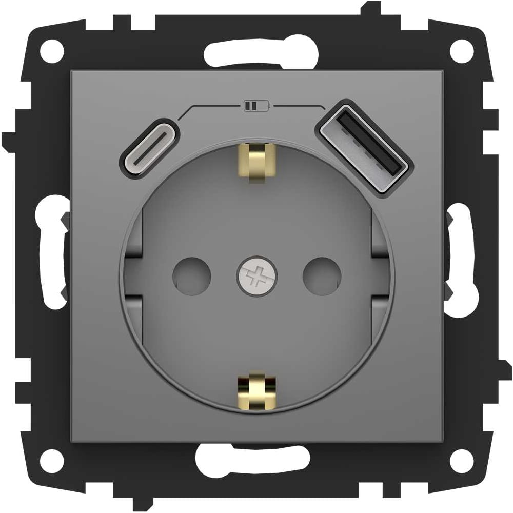 Изображение товара Розетка Type C+USB ELBI Zena Vega дымчатый, с заземление, зарядка, 5V, 2400 mA 609-011100-334