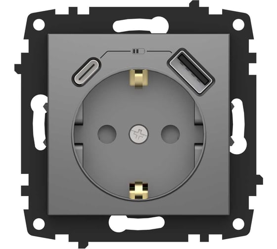 Изображение товара Розетка Type C+USB ELBI Zena Vega дымчатый, с заземление, зарядка, 5V, 2400 mA 609-011100-334