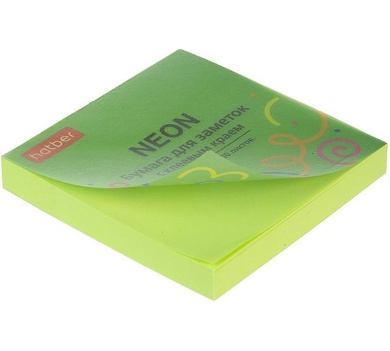 Изображение товара Бумага для заметок Hatber NEON 75х75мм, 100л, с клеевым краем, зеленая 090322