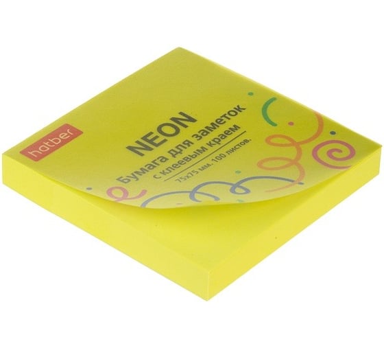 Изображение товара Бумага для заметок Hatber NEON 75х75мм, 100л, с клеевым краем, желтая 090324