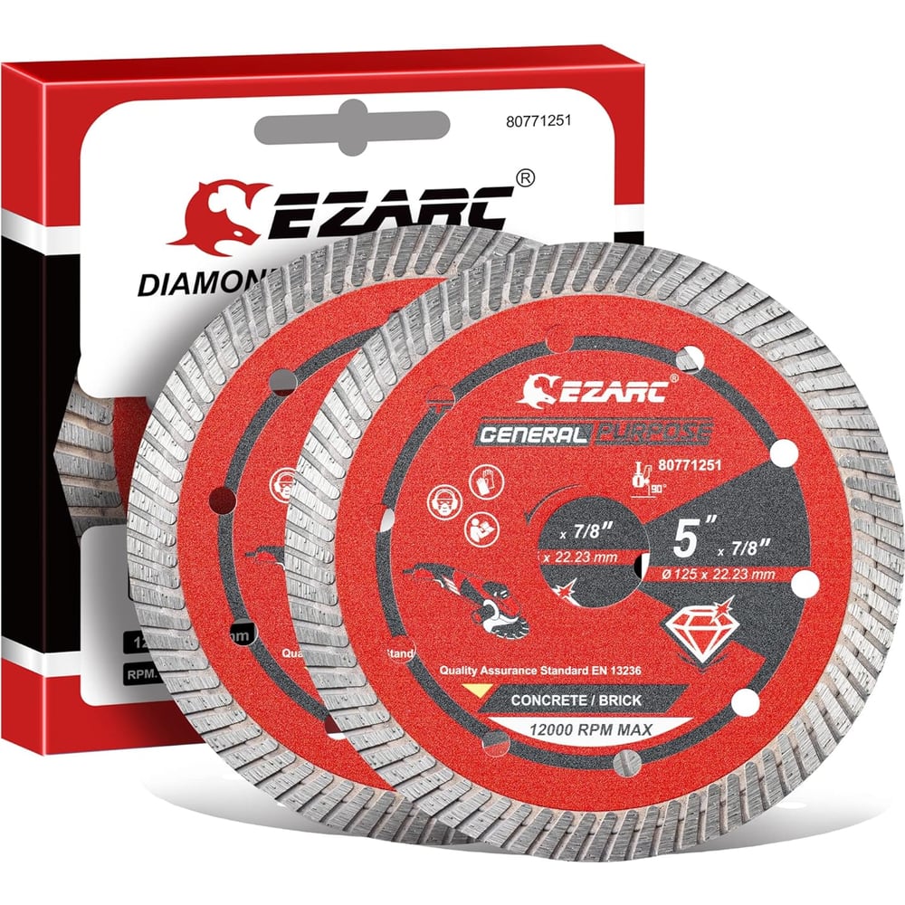 Изображение товара Турбо алмазные отрезные диски Ezarc 125 мм, алмазный диск для угловой шлифовальной машины, для бетона, кирпича, строительных блоков, 2 шт. 80771251