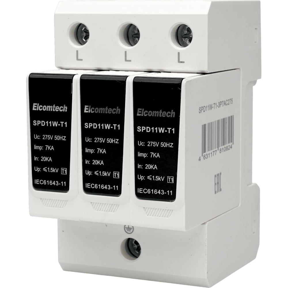 Изображение товара Устройство защиты импульсных перенапряжений ELCOMTECH T1 3P 50kA 275V SPD11W-T1-3P7AC275 УТ-00039212