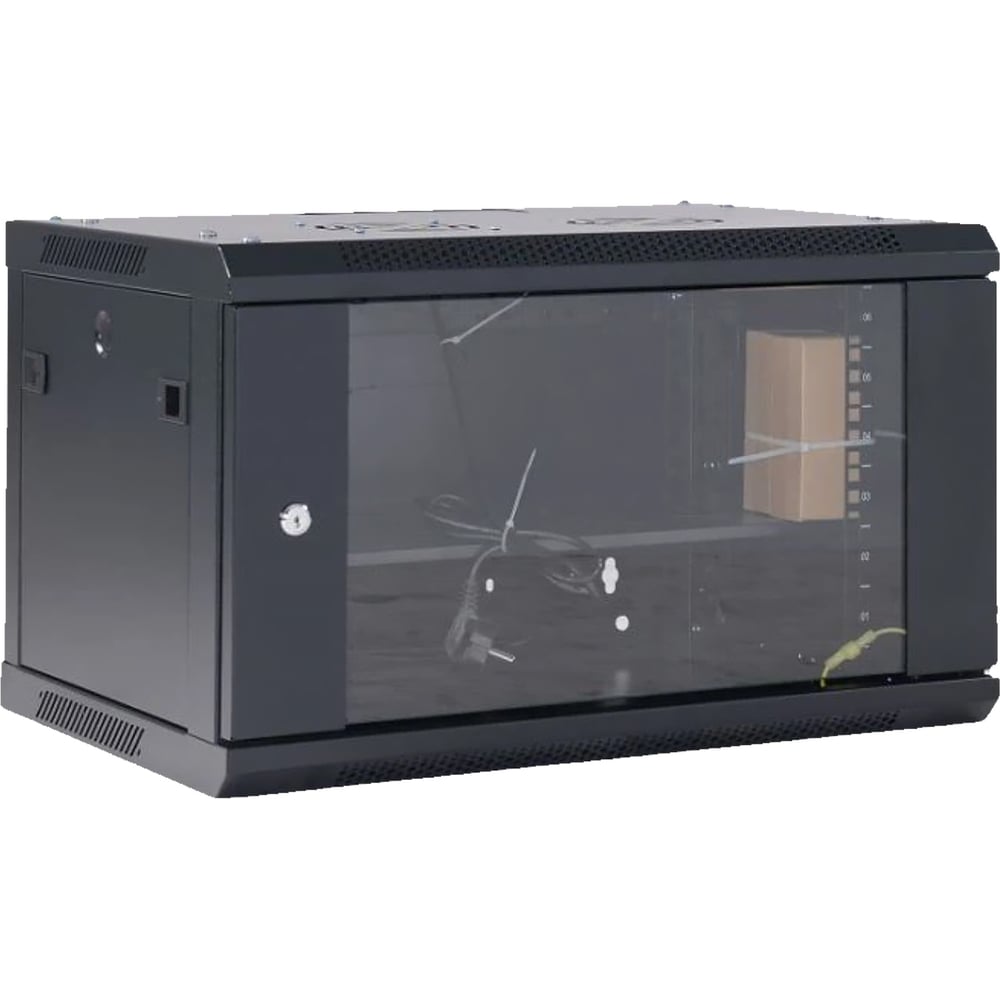 Изображение товара Настенный телекоммуникационный шкаф REXANT 19 6U 550×400мм, дверь стекло, с задней стенкой, разборный, черный (RAL 9005) 04-0654-112