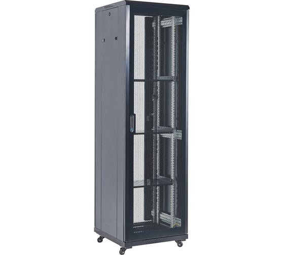 Изображение товара Шкаф телекоммуникационный напольный REXANT 19 18U 600x600мм, дверь перфорация, разборный, черный (RAL 9005) 04-1866-232
