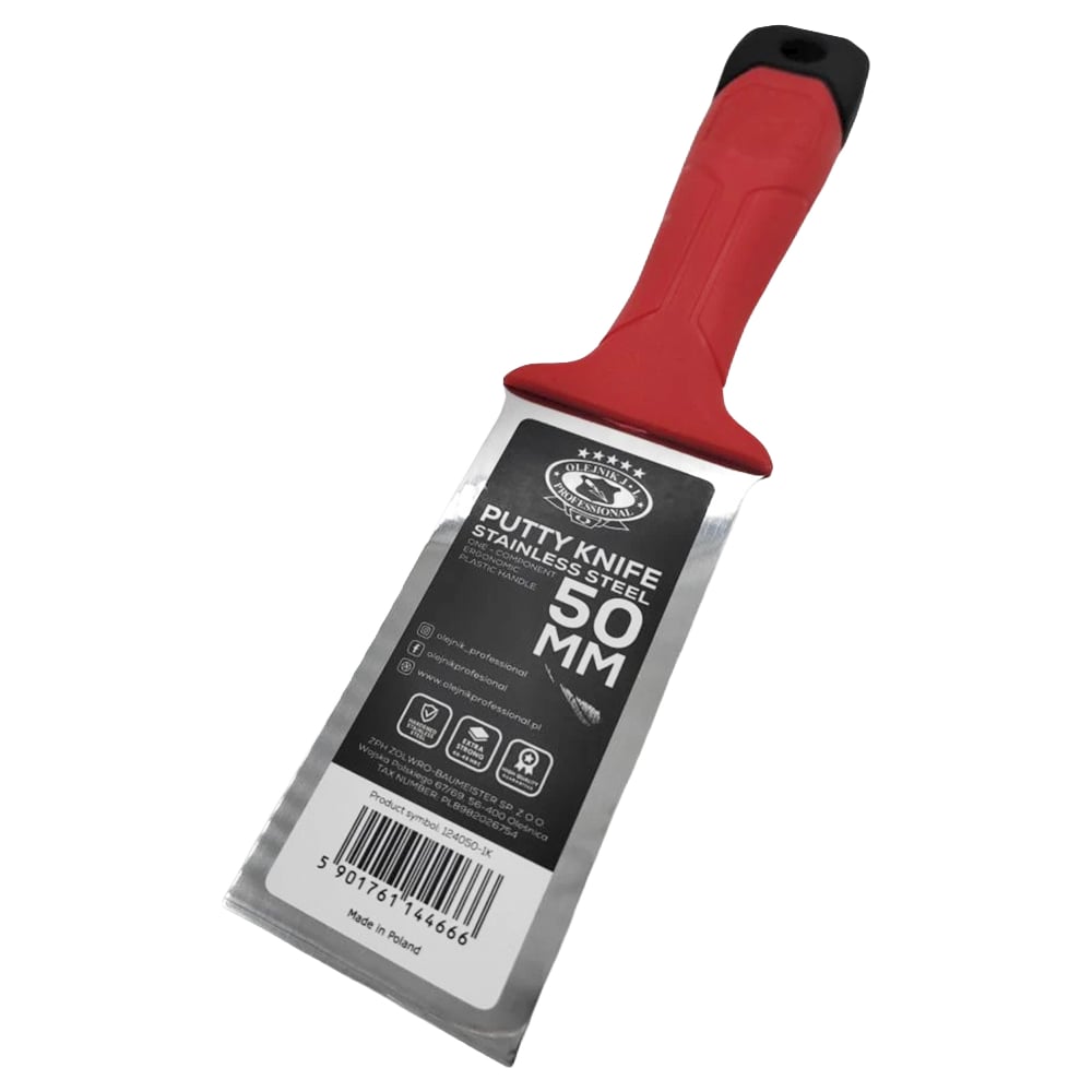 Изображение товара Шпатель малярный Olejnik закал.нерж.сталь 50мм с эргоном. пласт. ручкой, лезвие 1,22-0,4мм 124050-1K