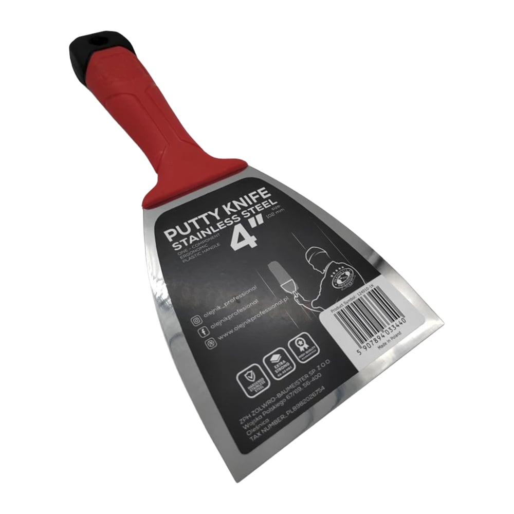 Изображение товара Шпатель малярный Olejnik закал.нерж.сталь 100мм с эргоном.пласт. ручкой, лезвие 1,22-0,4мм 124010-1K