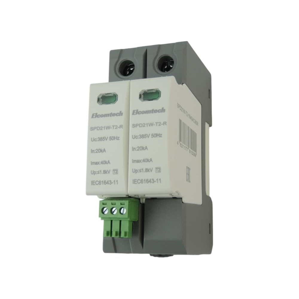 Изображение товара Устройство защиты импульсных перенапряжений ELCOMTECH T2 2P 40kA 385V SPD21W-T2-1N40AC385R УТ-00039159