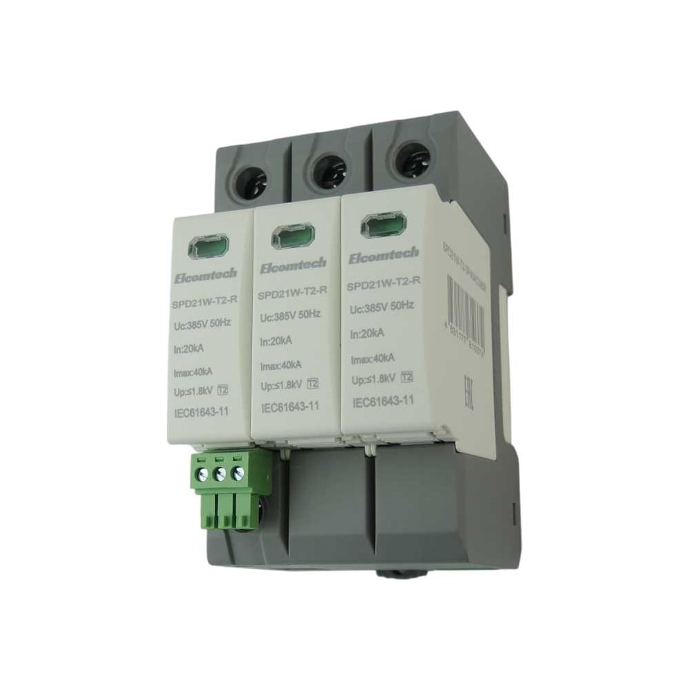 Изображение товара Устройство защиты импульсных перенапряжений ELCOMTECH T2 3P 40kA 385V SPD21W-T2-3P40AC385R УТ-00039167