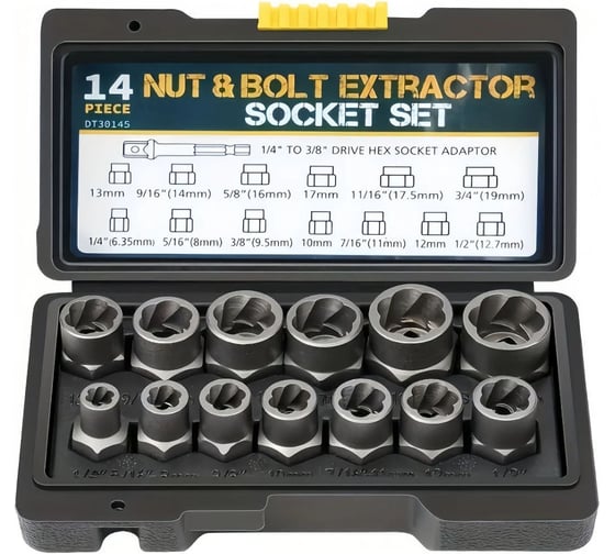 Изображение товара Экстракторы для выкручивания сломанных гаек и болтов Vitatools набор 14 шт с кейсом ekstraktory-nabor-14sht