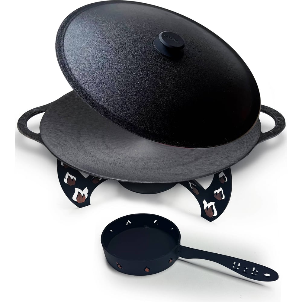 Изображение товара Садж чугунный Davr Metall 35 см с подставкой и крышкой садж35см+подставка(Огонь)+крышка(35)