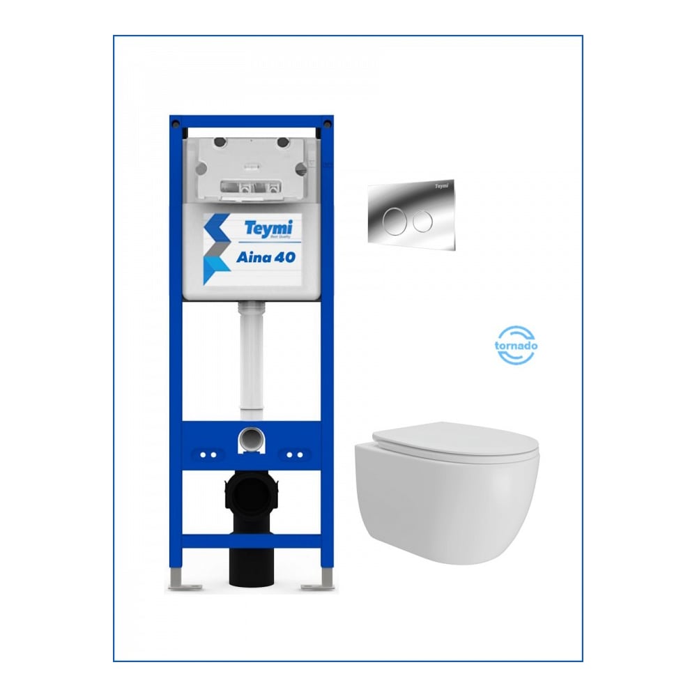 Изображение товара Инсталляция с унитазом Teymi комплект 5 в 1  унитаз подвесной безободковый Lori Vortex кнопка хром F16919 F16919 ЦБ-00303244