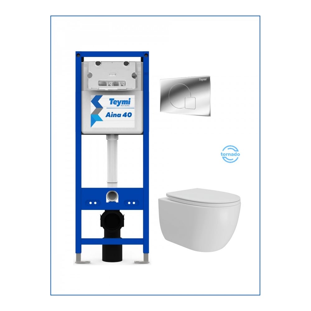 Изображение товара Инсталляция с унитазом Teymi комплект 5 в 1 унитаз подвесной безободковый Lori Vortex кнопка хром F16932 ЦБ-00303922