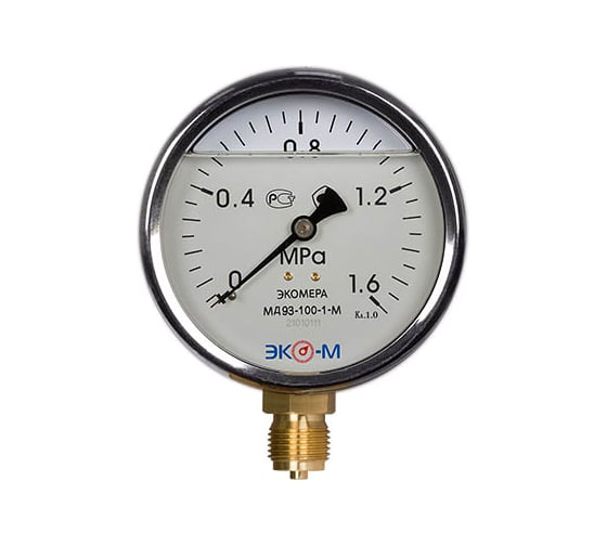 Изображение товара Виброустойчивый манометр ЭКО-М Экомера 100 мм, 0..1.6 МПа, резьба G1\2 IP65, наполнение глицерин МД93-100-М-1,6МПа
