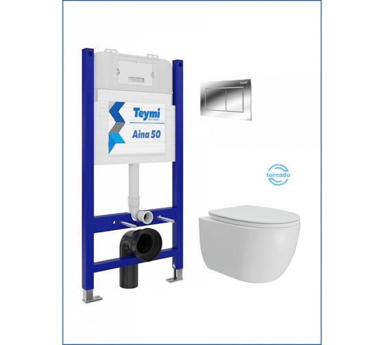 Изображение товара Инсталляция с унитазом комплект 5 в 1 Teymi унитаз подвесной безободковый Lori Vortex кнопка хром F15821 F15821 ЦБ-00303961