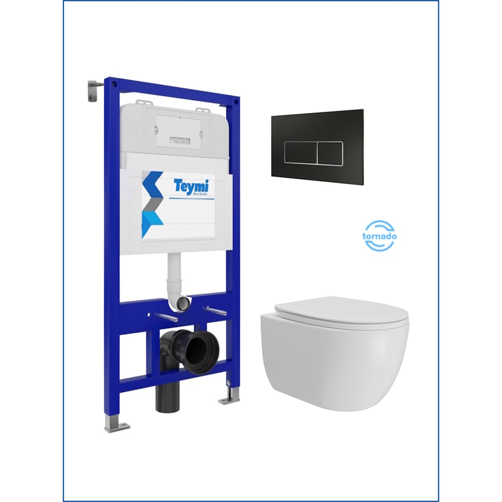 Изображение товара Инсталляция с унитазом Teymi комплект 5 в 1  унитаз подвесной безободковый Lori Vortex кнопка черная / хром F15791 F15791 ЦБ-00303958