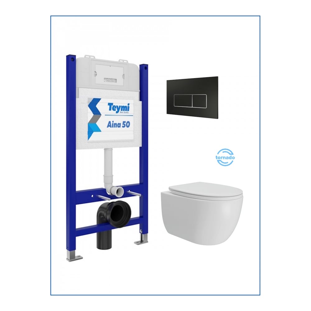 Изображение товара Инсталляция с унитазом Teymi комплект 5 в 1  унитаз подвесной безободковый Lori Vortex кнопка черная / хром F15813 ЦБ-00303234