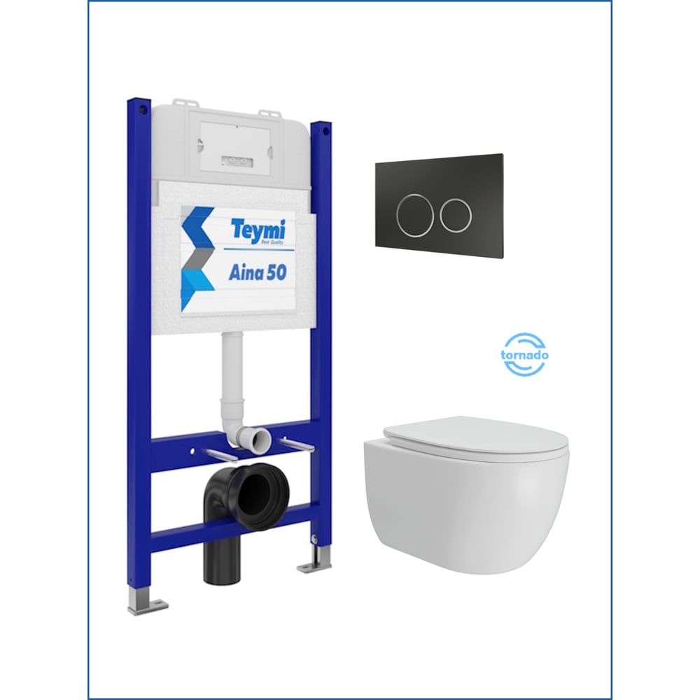 Изображение товара Инсталляция с унитазом Teymi комплект 5 в 1  унитаз подвесной безободковый Lori Vortex кнопка черная / хром F15819 F15819 ЦБ-00303960