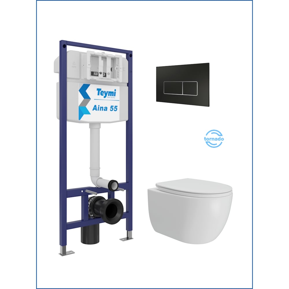 Изображение товара Инсталляция с унитазом Teymi комплект 5 в 1  унитаз подвесной безободковый Lori Vortex кнопка черная / хром F15835 F15835 ЦБ-00304328