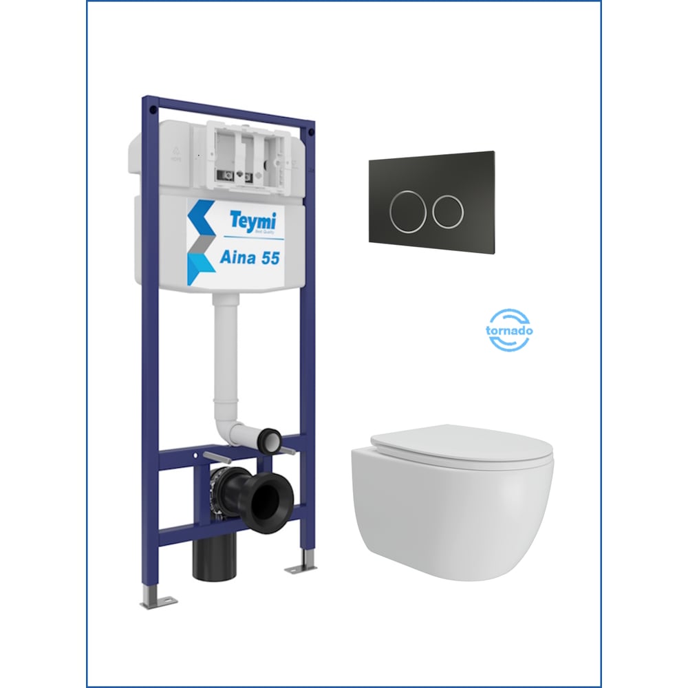 Изображение товара Инсталляция с унитазом Teymi комплект 5 в 1  унитаз подвесной безободковый Lori Vortex кнопка черная / хром F15841 F15841 ЦБ-00304323