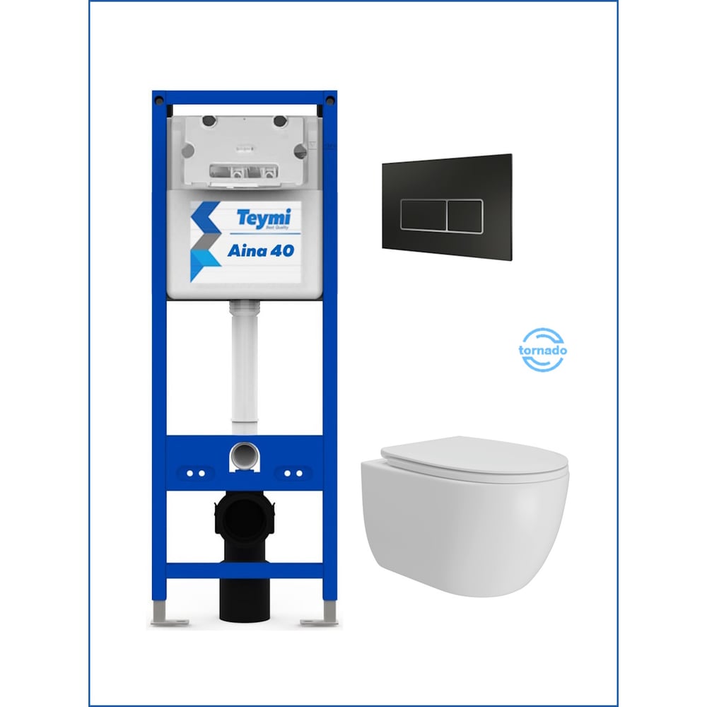 Изображение товара Инсталляция с унитазом Teymi комплект 5 в 1  унитаз подвесной безободковый Lori Vortex кнопка черная / хром F16917 F16917 ЦБ-00303923