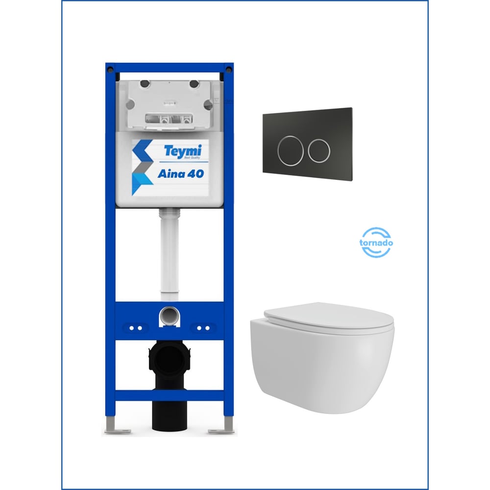 Изображение товара Инсталляция с унитазом Teymi комплект 5 в 1  унитаз подвесной безободковый Lori Vortex кнопка черная / хром F16923 F16923 ЦБ-00303243