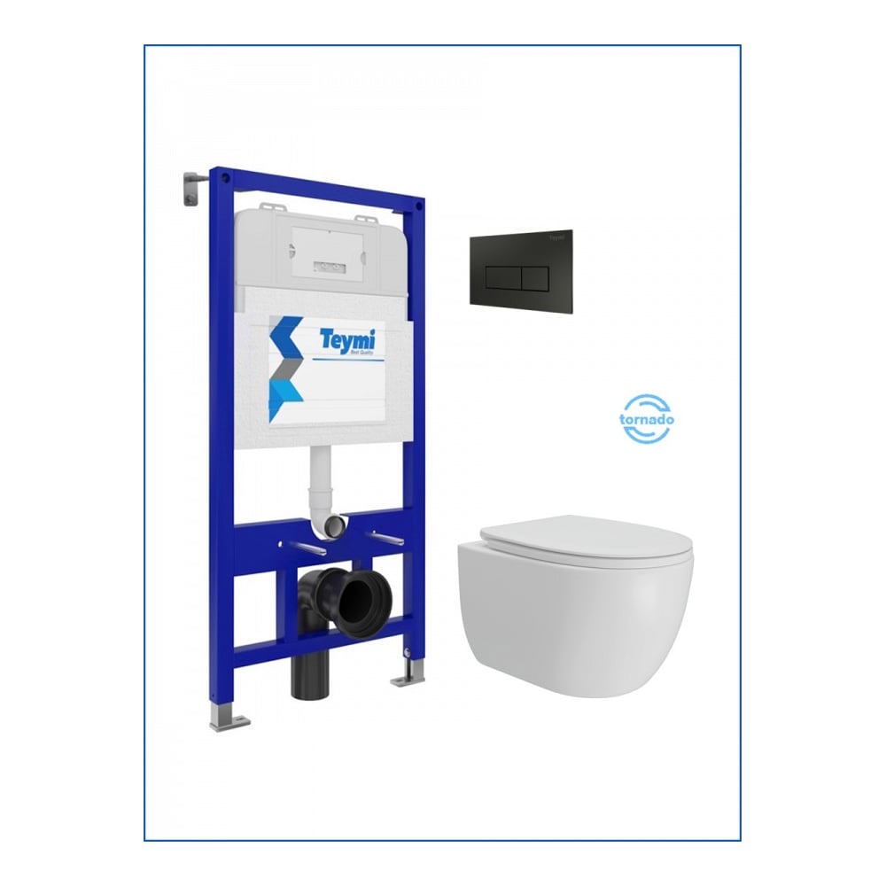 Изображение товара Инсталляция с унитазом Teymi комплект 5 в 1 унитаз подвесной безободковый Lori Vortex кнопка черная F15788 ЦБ-00299295