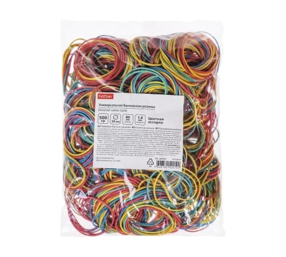 Изображение товара Резинка банковская Hatber цветная диаметр 50мм, длина 80мм, 500г в пак 083972