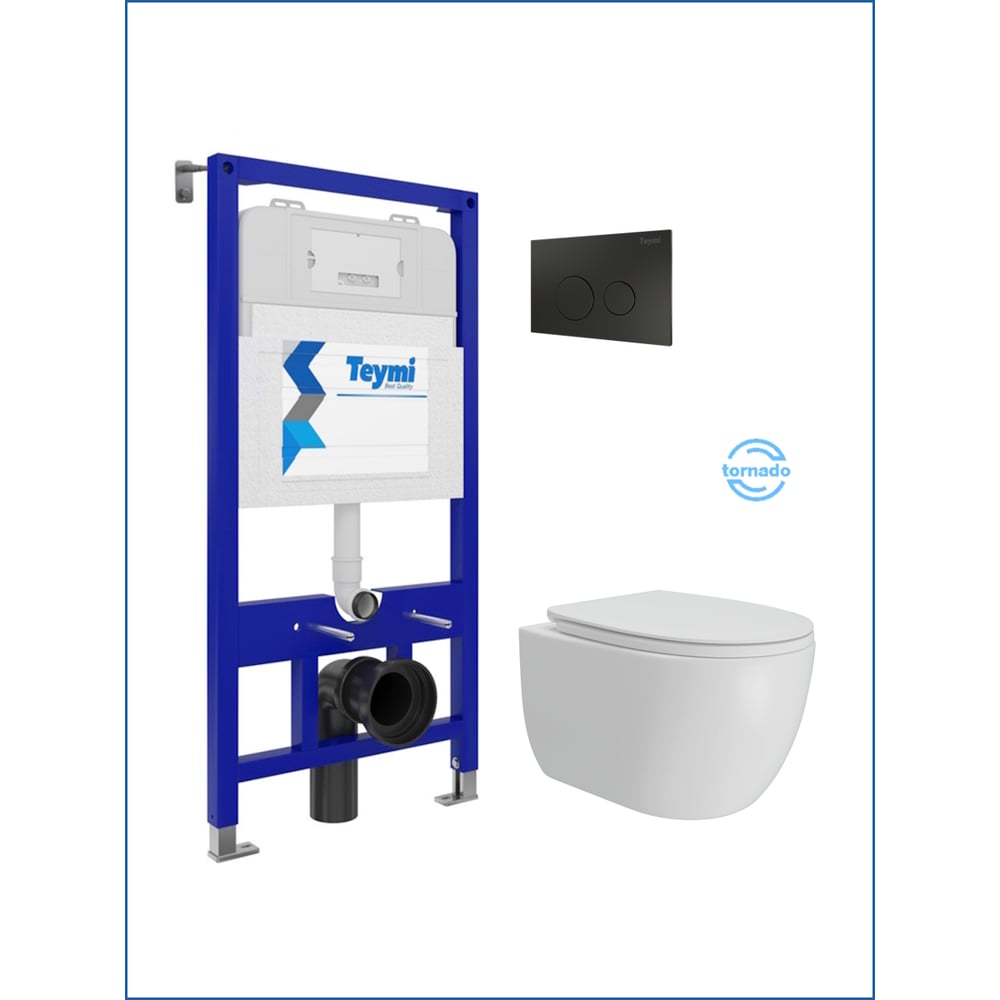 Изображение товара Инсталляция с унитазом Teymi комплект 5 в 1  унитаз подвесной безободковый Lori Vortex кнопка черная F15794 F15794 ЦБ-00303948