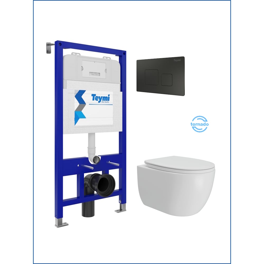 Изображение товара Инсталляция с унитазом Teymi комплект 5 в 1 унитаз подвесной безободковый Lori Vortex кнопка черная F15804 F15804 ЦБ-00304340