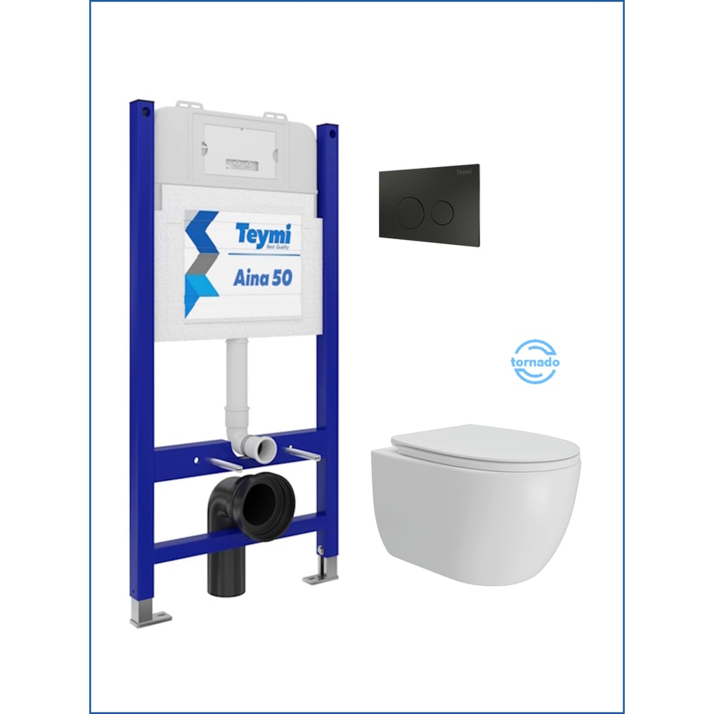 Изображение товара Инсталляция с унитазом Teymi комплект 5 в 1 унитаз подвесной безободковый Lori Vortex кнопка черная F15816 F15816 ЦБ-00303949