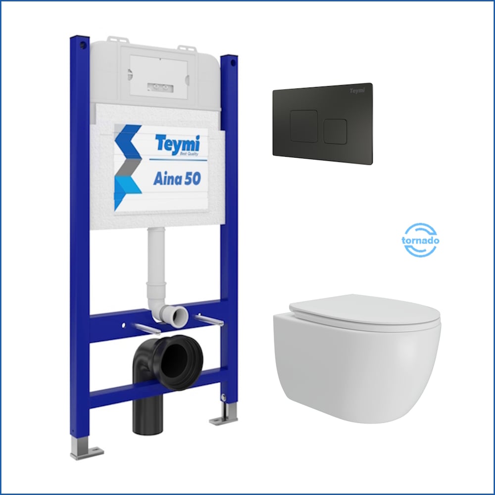 Изображение товара Инсталляция с унитазом Teymi комплект 5 в 1 унитаз подвесной безободковый Lori Vortex кнопка черная F15826 F15826 ЦБ-00304338