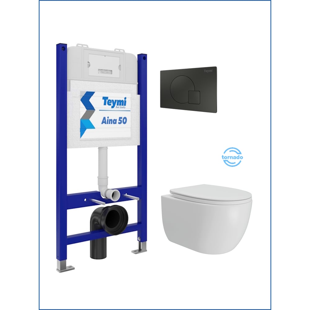 Изображение товара Унитаз подвесной Lori Vortex Teymi 5 в 1 белый санфарфор с клавишей черной, безободковый