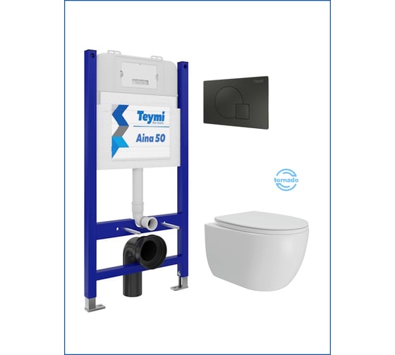 Изображение товара Инсталляция с унитазом Teymi комплект 5 в 1 унитаз подвесной безободковый Lori Vortex кнопка черная F15829 F15829 ЦБ-00303235