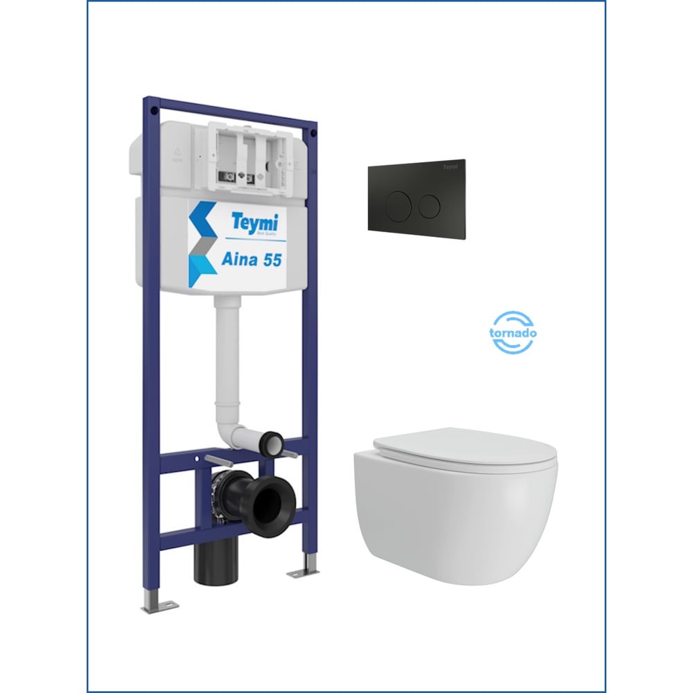 Изображение товара Инсталляция с унитазом Teymi комплект 5 в 1 унитаз подвесной безободковый Lori Vortex кнопка черная F15838 F15838 ЦБ-00303979