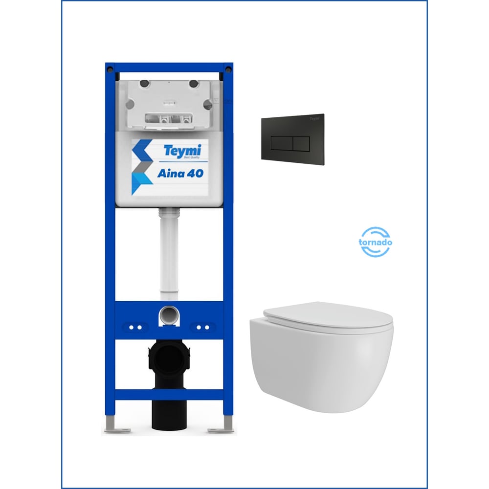 Изображение товара Инсталляция с унитазом Teymi комплект 5 в 1 унитаз подвесной безободковый Lori Vortex кнопка черная F16914 F16914 ЦБ-00303925
