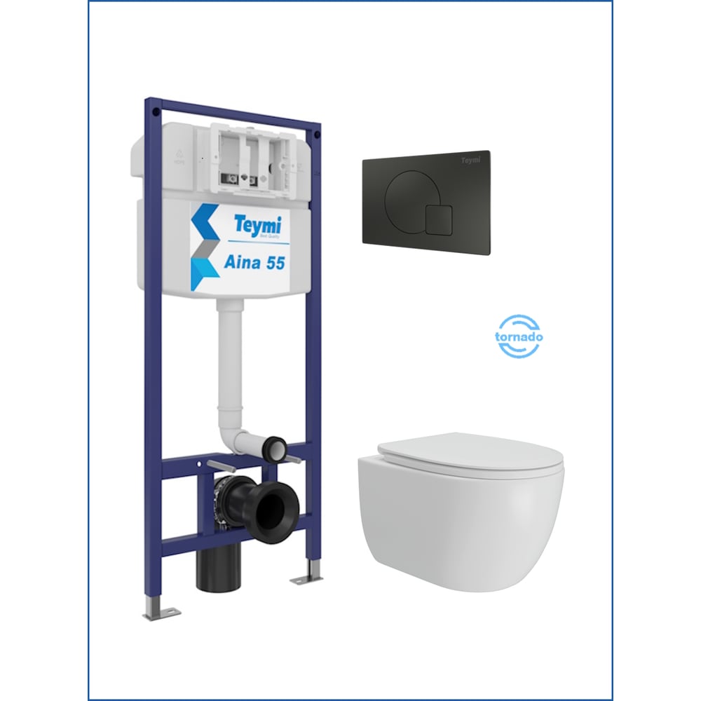 Изображение товара Инсталляция с унитазом Teymi комплект 5 в 1 унитаз подвесной безободковый Lori Vortex кнопка черная F15851 F15851 ЦБ-00304326