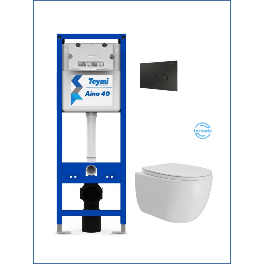 Изображение товара Инсталляция с унитазом Teymi комплект 5 в 1 унитаз подвесной безободковый Lori Vortex кнопка черная F16920 F16920 ЦБ-00303931