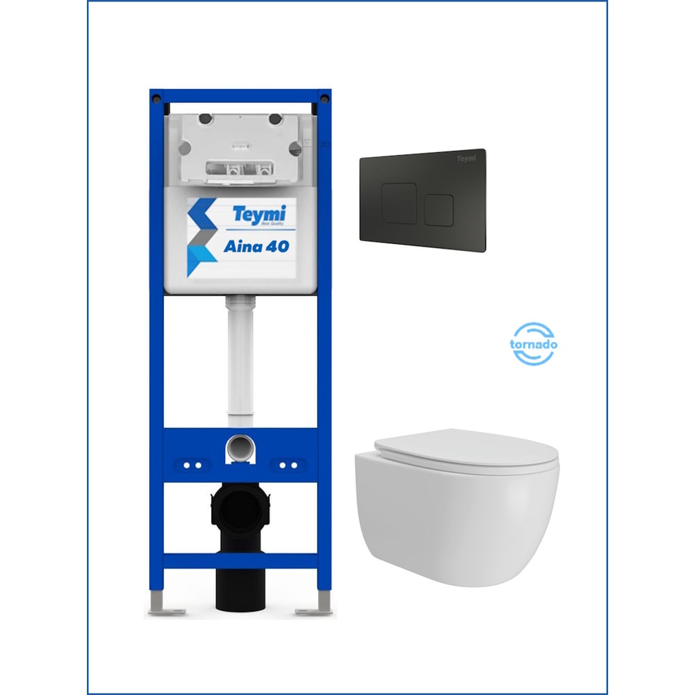 Изображение товара Инсталляция с унитазом Teymi комплект 5 в 1 унитаз подвесной безободковый Lori Vortex кнопка черная F16930 F16930 ЦБ-00304339