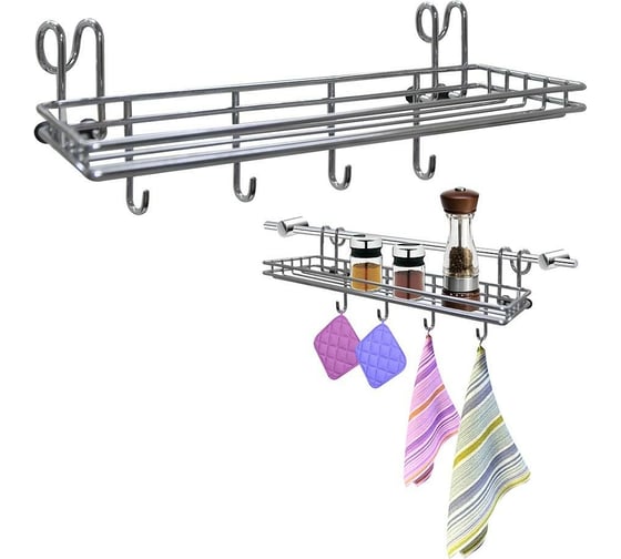 Изображение товара Навесная полка для специй МУЛЬТИДОМ с 4 крючками на рейлинг 25х9,5х10 см AN52-136