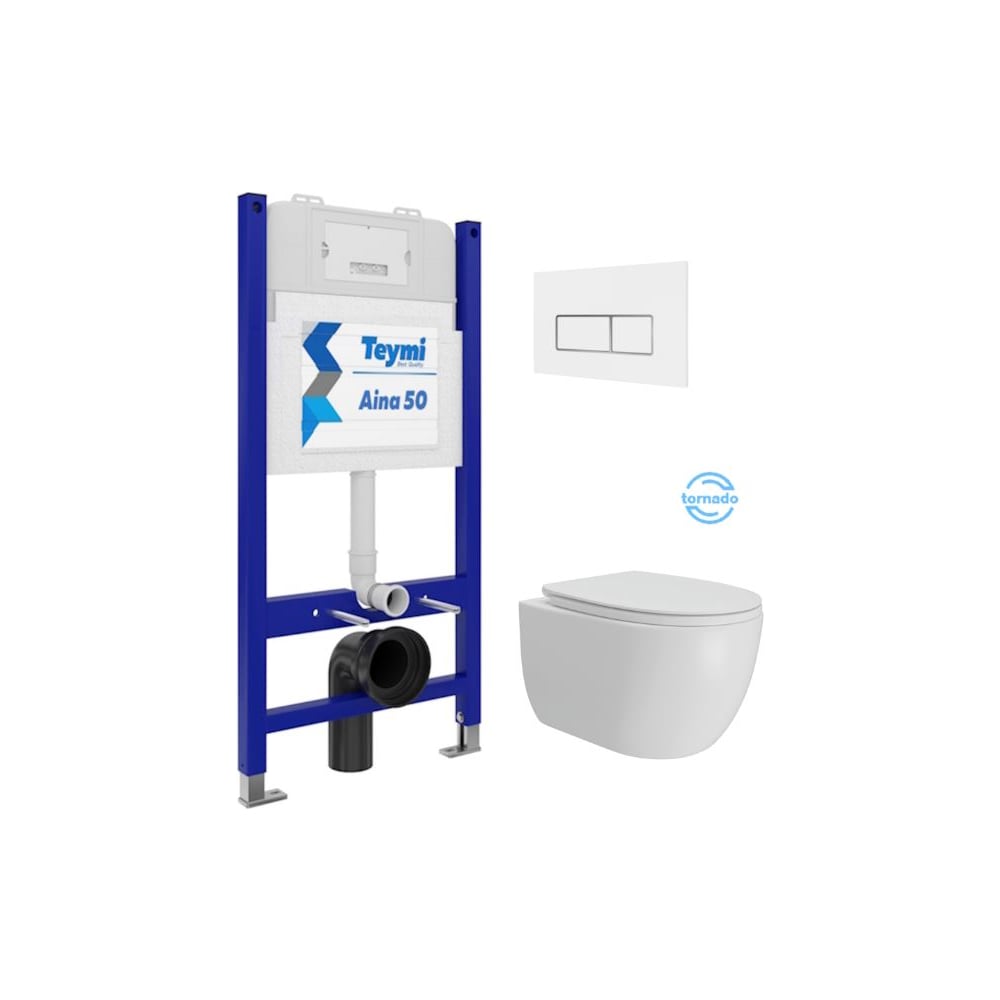 Изображение товара Инсталляция с унитазом Teymi комплект 5 в 1 унитаз подвесной безободковый Lori Vortex кнопка белая / хром F15814 F15814 ЦБ-00303966