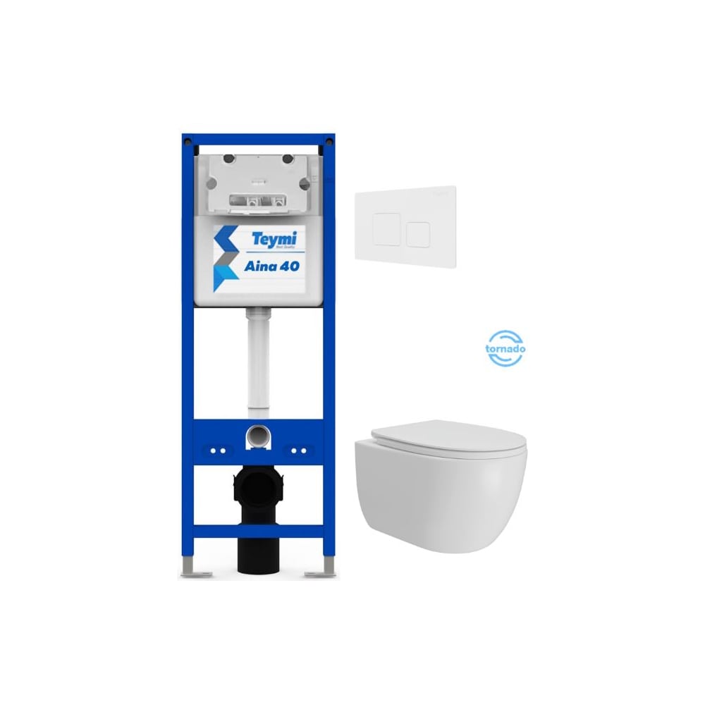 Изображение товара Инсталляция с унитазом Teymi комплект 5 в 1 унитаз подвесной безободковый Lori Vortex кнопка белая F16931 F16931 ЦБ-00304347