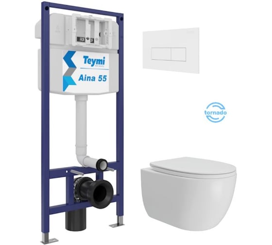 Изображение товара Инсталляция с унитазом Teymi комплект 5 в 1 унитаз подвесной безободковый Lori Vortex кнопка белая F15833 F15833 ЦБ-00304330
