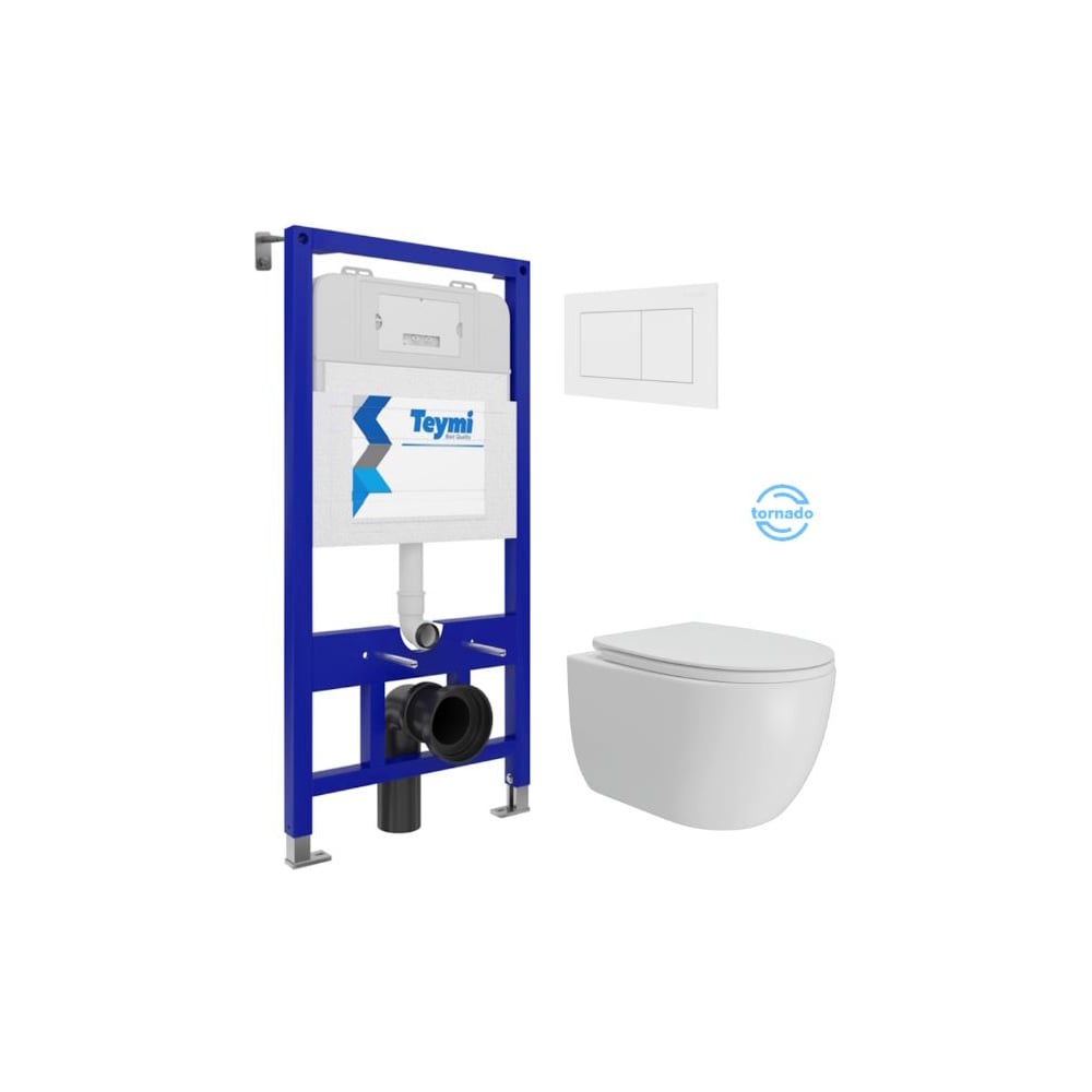 Изображение товара Инсталляция с унитазом Teymi комплект 5 в 1 унитаз подвесной безободковый Lori Vortex кнопка белая F15801 F15801 ЦБ-00303971
