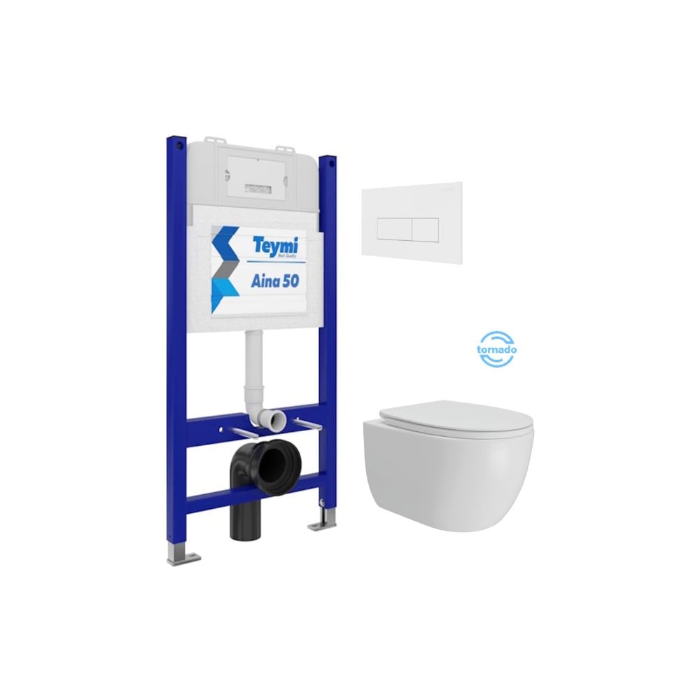 Изображение товара Инсталляция с унитазом Teymi комплект 5 в 1 унитаз подвесной безободковый Lori Vortex кнопка белая F15811 F15811 ЦБ-00303952