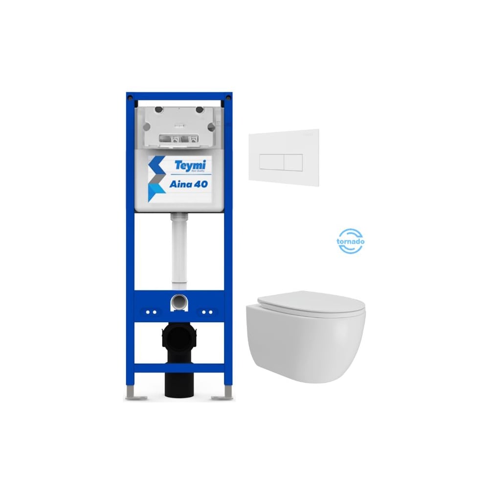 Изображение товара Инсталляция с унитазом Teymi комплект 5 в 1 унитаз подвесной безободковый Lori Vortex кнопка белая F16915 F16915 ЦБ-00303926