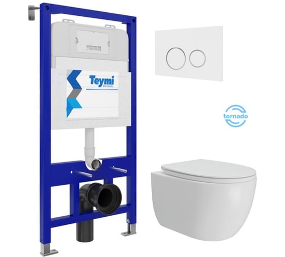 Изображение товара Инсталляция с унитазом Teymi комплект 5 в 1 унитаз подвесной безободковый Lori Vortex кнопка белая / хром F15798 F15798 ЦБ-00303957