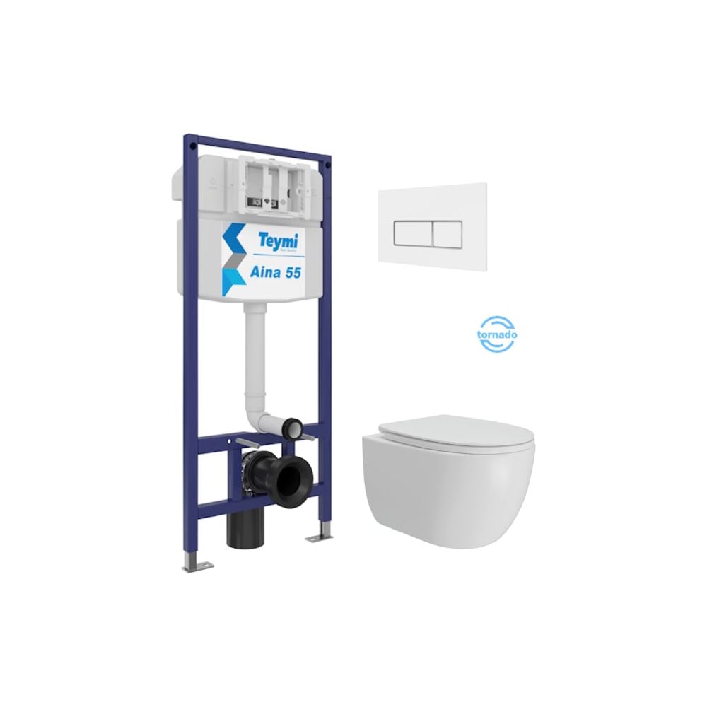 Изображение товара Инсталляция с унитазом Teymi комплект 5 в 1 унитаз подвесной безободковый Lori Vortex кнопка белая / хром F15836 F15836 ЦБ-00304321